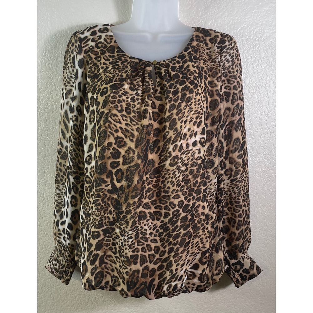 Dressbarn Womens M Blouse Brown Leopard Print Long Sleeve Bubble Hem Top Chic
